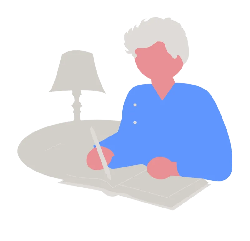 Illustration of a person sitting at a desk with a laptop and books, representing creative writing